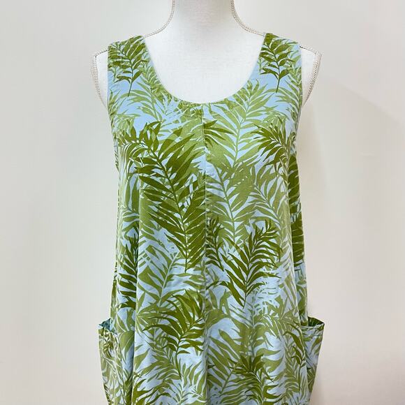 CLICK by CMC Sz M Green Blue Leaf Botanical Print Scoop Neck A-Line Short Dress - Picture 5 of 8